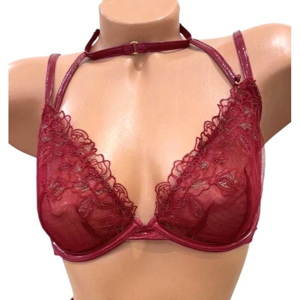 Victoria Secret Very Sexy Low Cut Demi Bra Size 38D Embroidered Strappy Neck Red